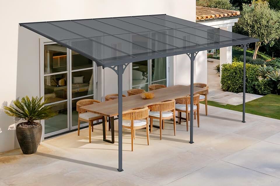 jardinito - pergola adossée KLEO - 435x300 cm - alu, toit polycarbonate, résistant UV, gris anthracite KLEO