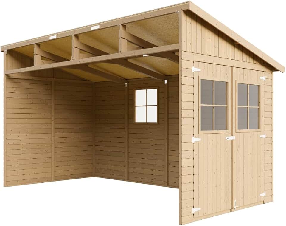 jardinito M340 Abri de Jardin en Bois Naturel (sans paroi latérale)- Stockage extérieur avec fenêtres- H243x216x416 cm/8 m2, Hangar en Bois Naturel - Atelier Rangement Outils et vélos The Forest Stewardship Council