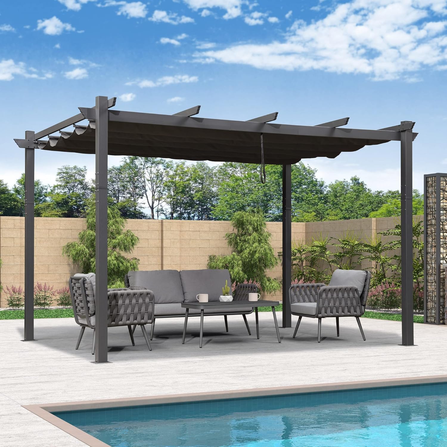 jardinito - pergola aluminium - 4 x 3,2 m - toit coulissant, tissu teint, gris