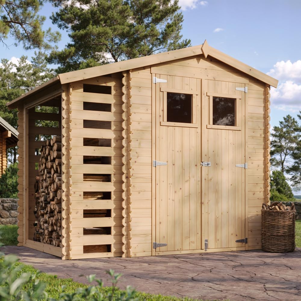 Abri de Jardin en Bois et Range bûches extérieur - Stockage extérieur I206xL272xH218 cm/ 3,53 + 0,97 m2 Petit abri à Outils, Local à vélos - jardinito M386