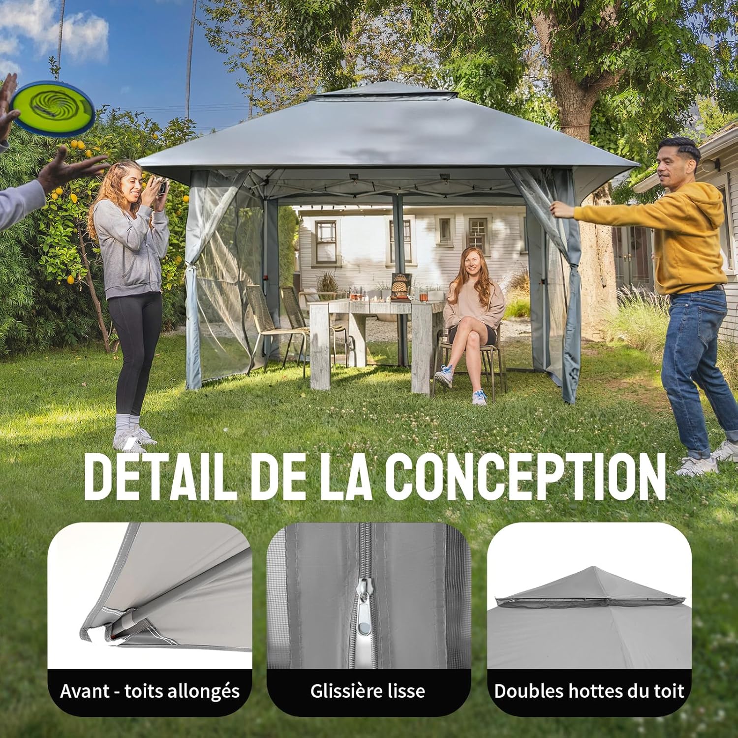 jardinito - tonnelle jardin pop up - 4x4 m - double toit, côtés maille, hauteur réglable