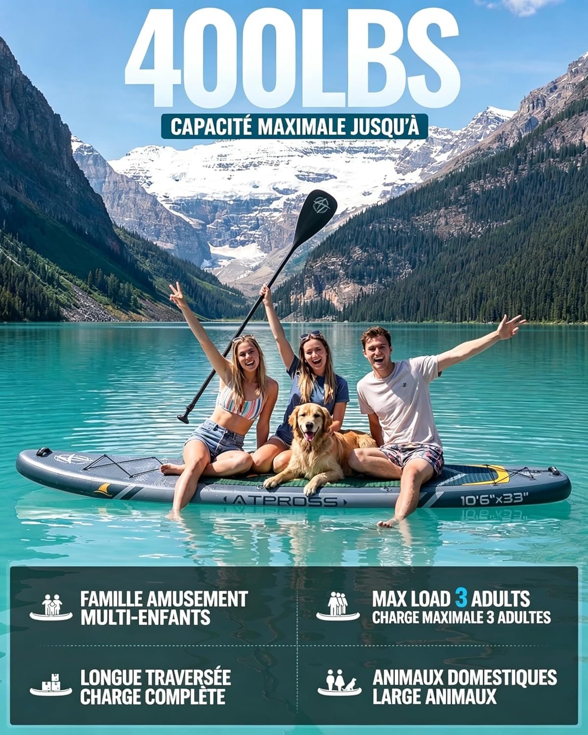 Stand Up Paddle Gonflable Adulte avec Siège Kayak & Accessoires, 320x84cm Planche de Sup Extra Large pour 2 Personnes, Charge 200kg, Kayak Gonflable 2 Places Stable et Antidérapant pour Surf