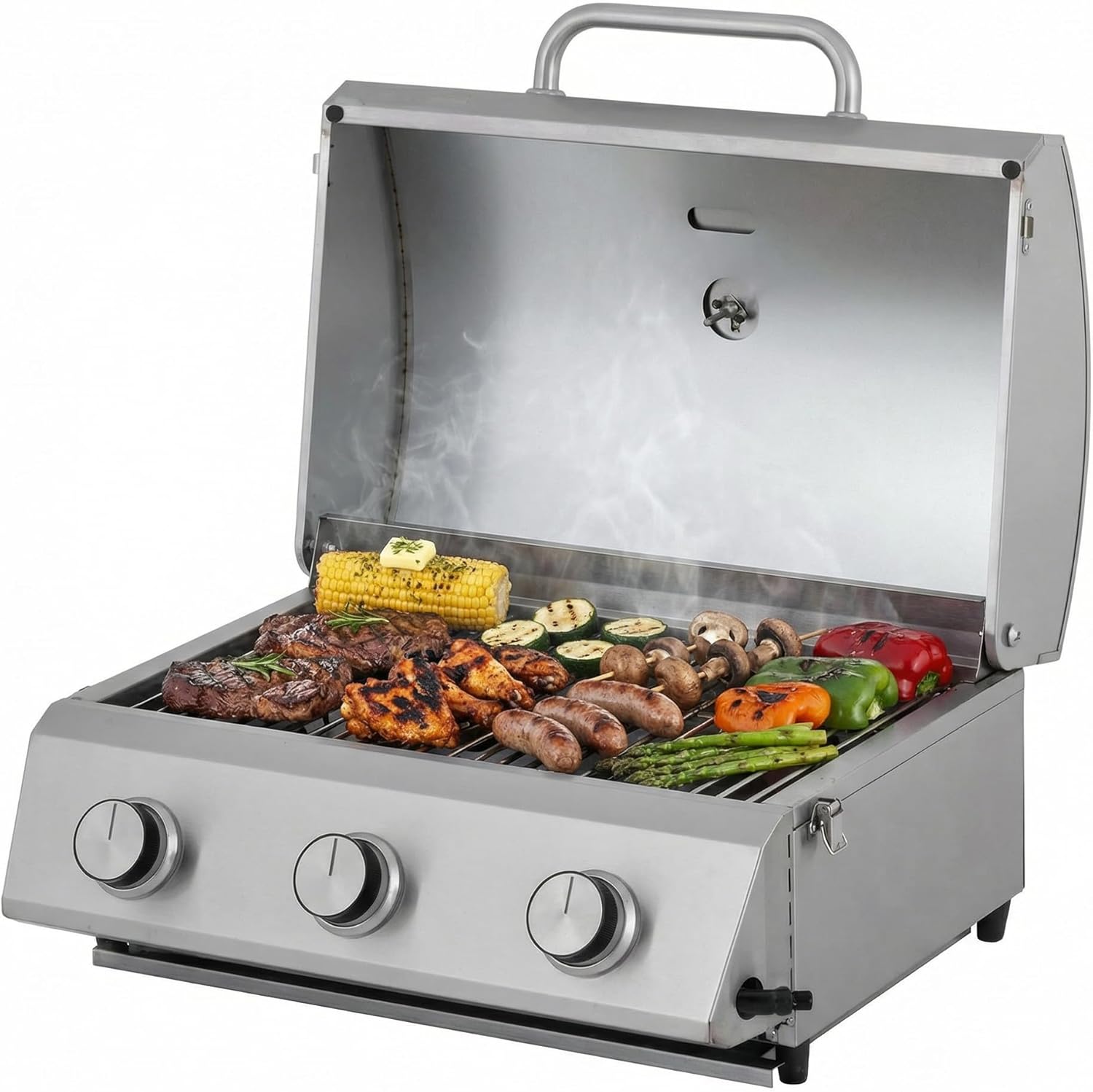 jardinito - Barbecue à gaz portable - inox - 3 brûleurs, thermomètre, allumage piézo - CATHAN