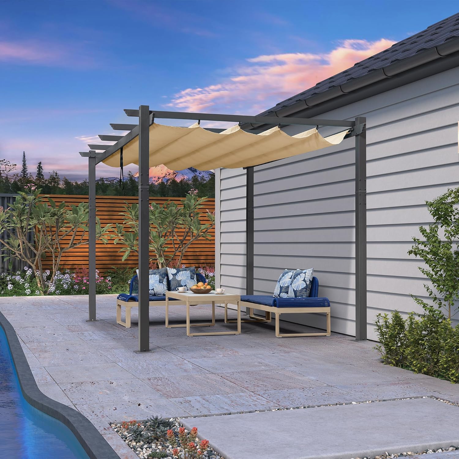 jardinito - Pergola murale - 4 x 2,7 m - toit coulissant alu, tissu kaki