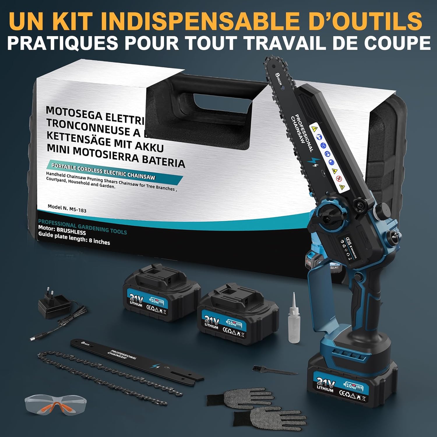 8 Pouces Tronconneuse a Batterie, Mini Tronçonneuse Électrique Sans Fil Brushless à Batterie 8000mAh, avec Injecteur de Lubrifiant de la Chaîne pour la Coupe du bois, l'élagage le Jardin(1200W)