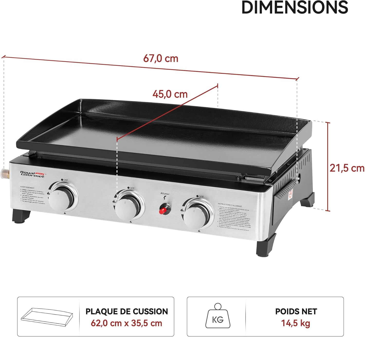 jardinito - Plancha Gaz 3 brûleurs - 62x35,5 cm - acier émaillé, portable, 7.5kW