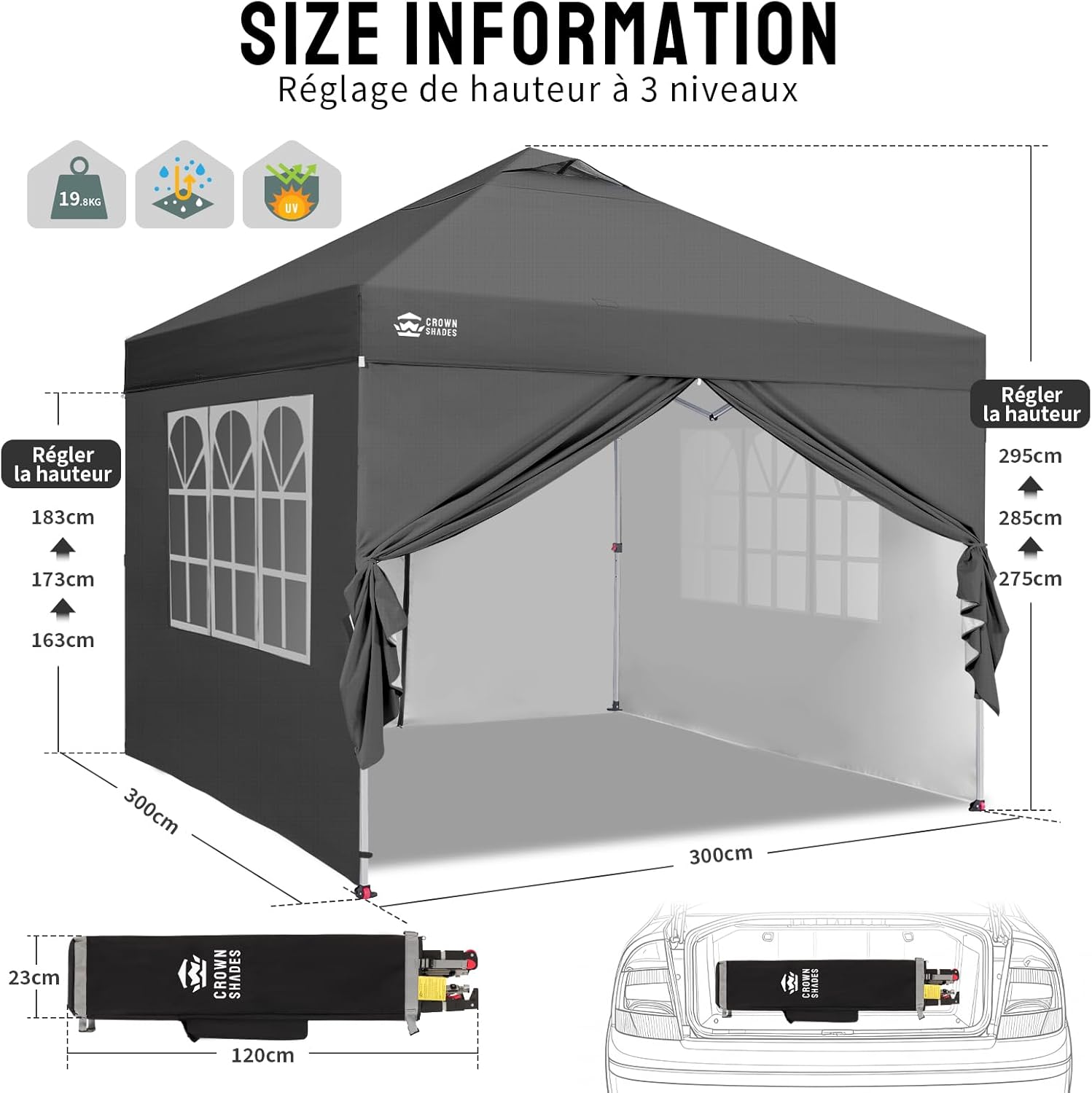 jardinito Tonnelle Pliante 3x3 Imperméable, Barnum Pliant de Jardin Exterieur, Pop-Up Gazebo avec Sac de Rangement, UPF 50+, avec 4 Parois Latérales Amovible, 4 Sac de Sable, Gris
