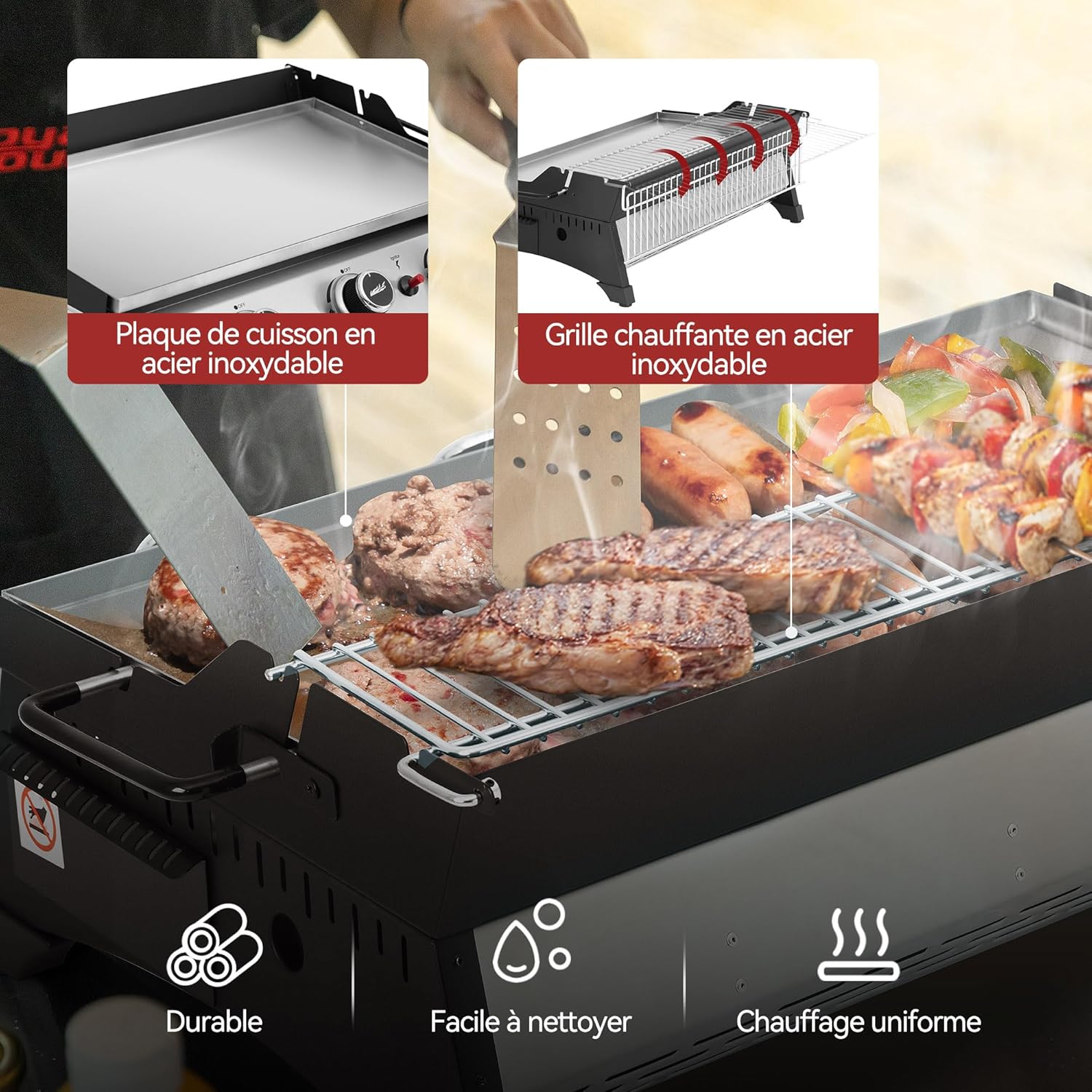 jardinito - Plancha gaz inox 3 brûleurs 61,5x32cm, 7,5kW, usage extérieur