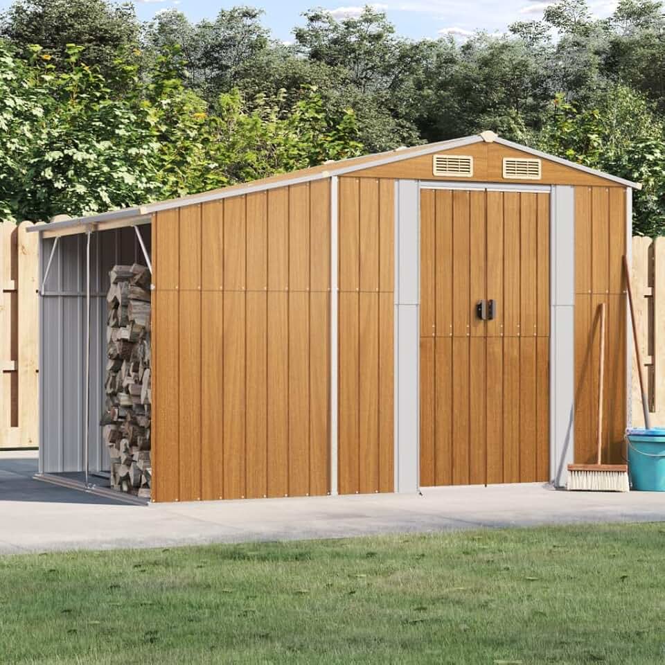 Abri de jardin marron clair 277 x 192,5 x 179 cm en acier galvanisé avec support pour bois de chauffage et 4 ouvertures d'aération pour outils de jardin et équipements