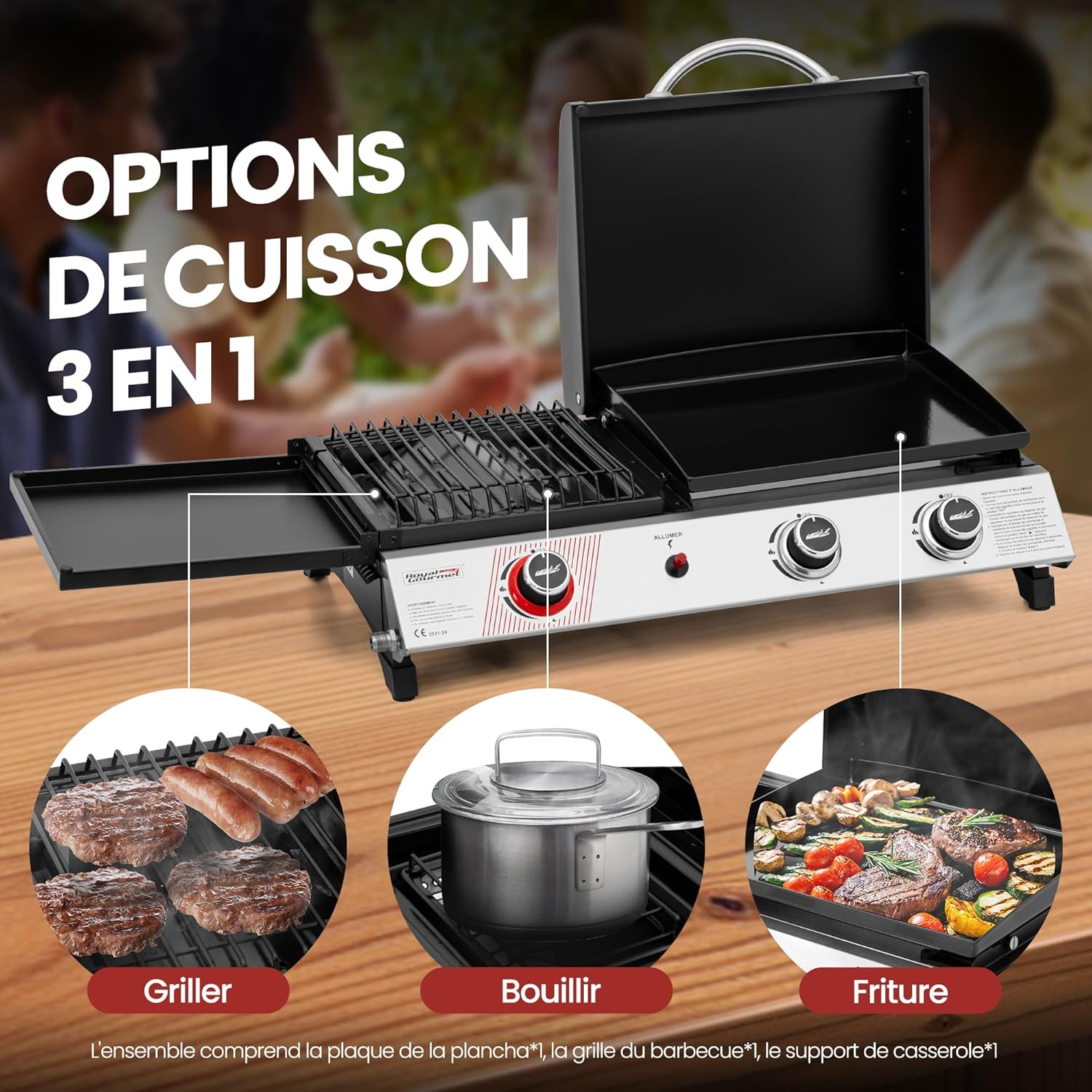 jardinito - barbecue gaz 3 brûleurs - 8,5kW - plancha, grille, couvercle multifonction