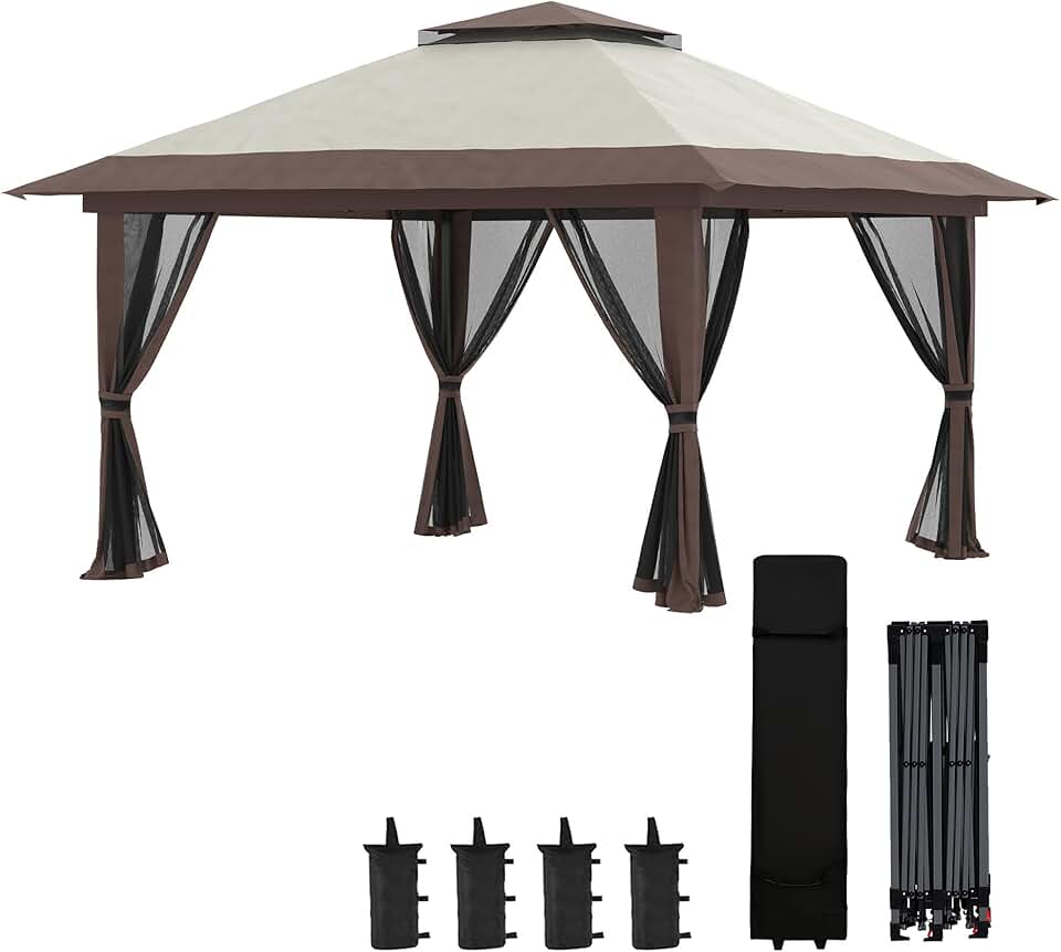 jardinito - Tonnelle pop-up 4x4 m, double toit, moustiquaires, UV50+