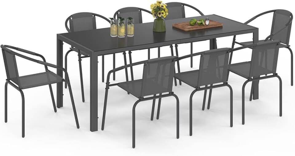 jardinito - Salon Thelma - table 190 cm + 8 chaises empilables - gris anthracite