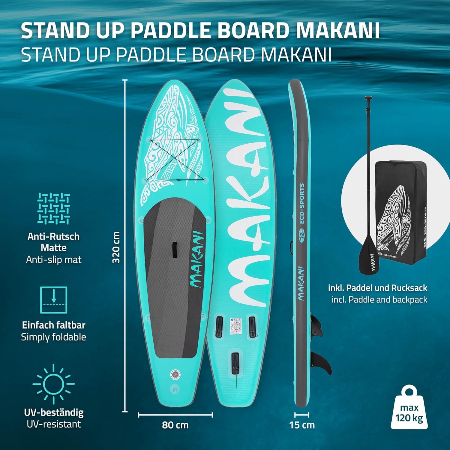 jardinito - Stand Up Paddle Board - 305/308/320/380 cm - PVC, jusqu’à 150 kg, 10/15 cm, sac, pompe