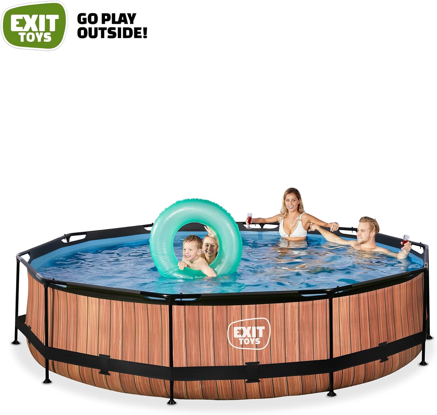 jardinito Piscine Tubulaire Wood - ø360x76cm - Piscine Hors Sol Ronde Grande avec Pompe Filtrante à Cartouche - Entrée Basse - Idéal pour Les Jeunes Enfants - Cadre Stable - Design Unique - Marron