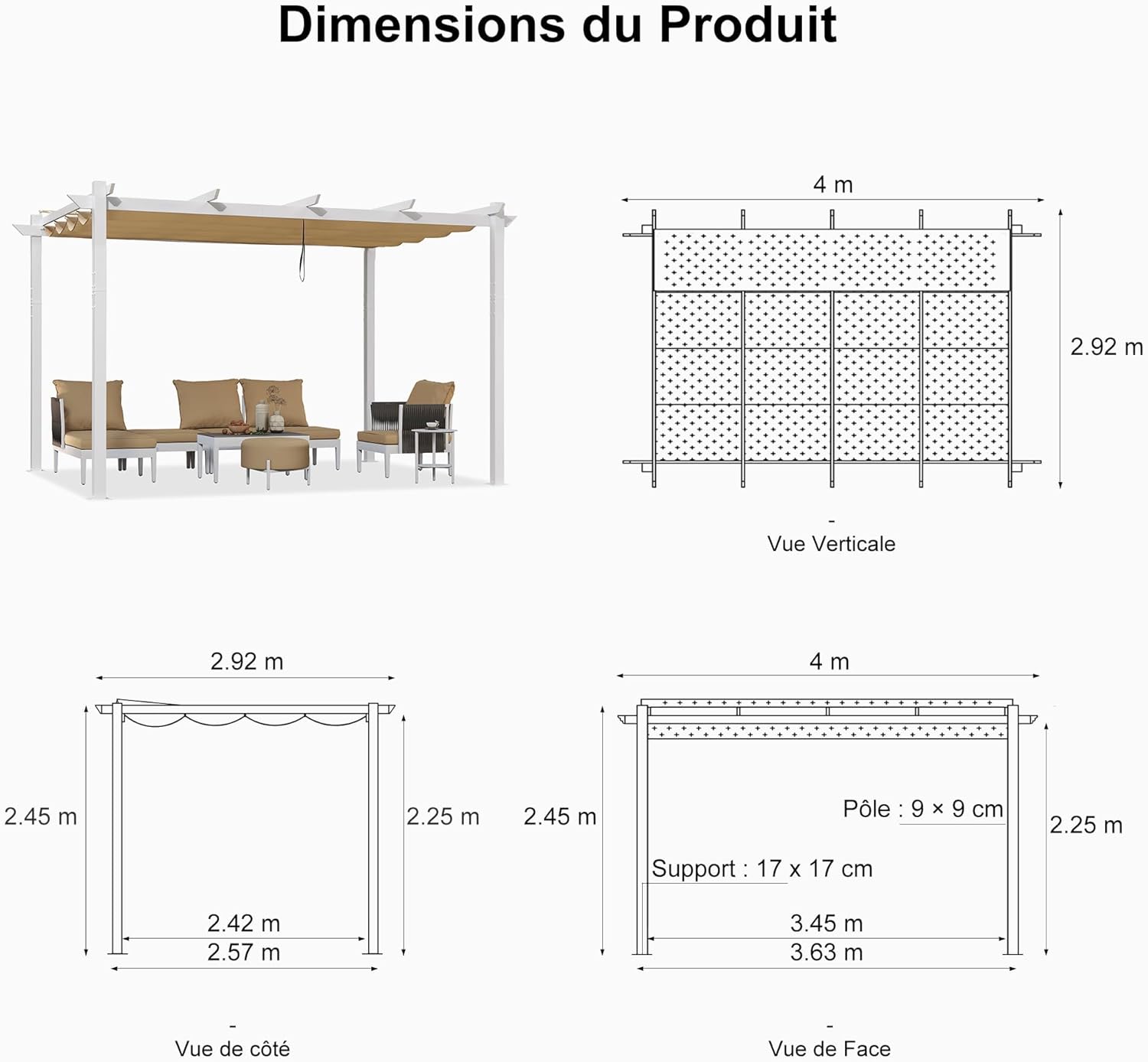 jardinito - Pergola aluminium - 4x3m - éclairage intégré, toit kaki