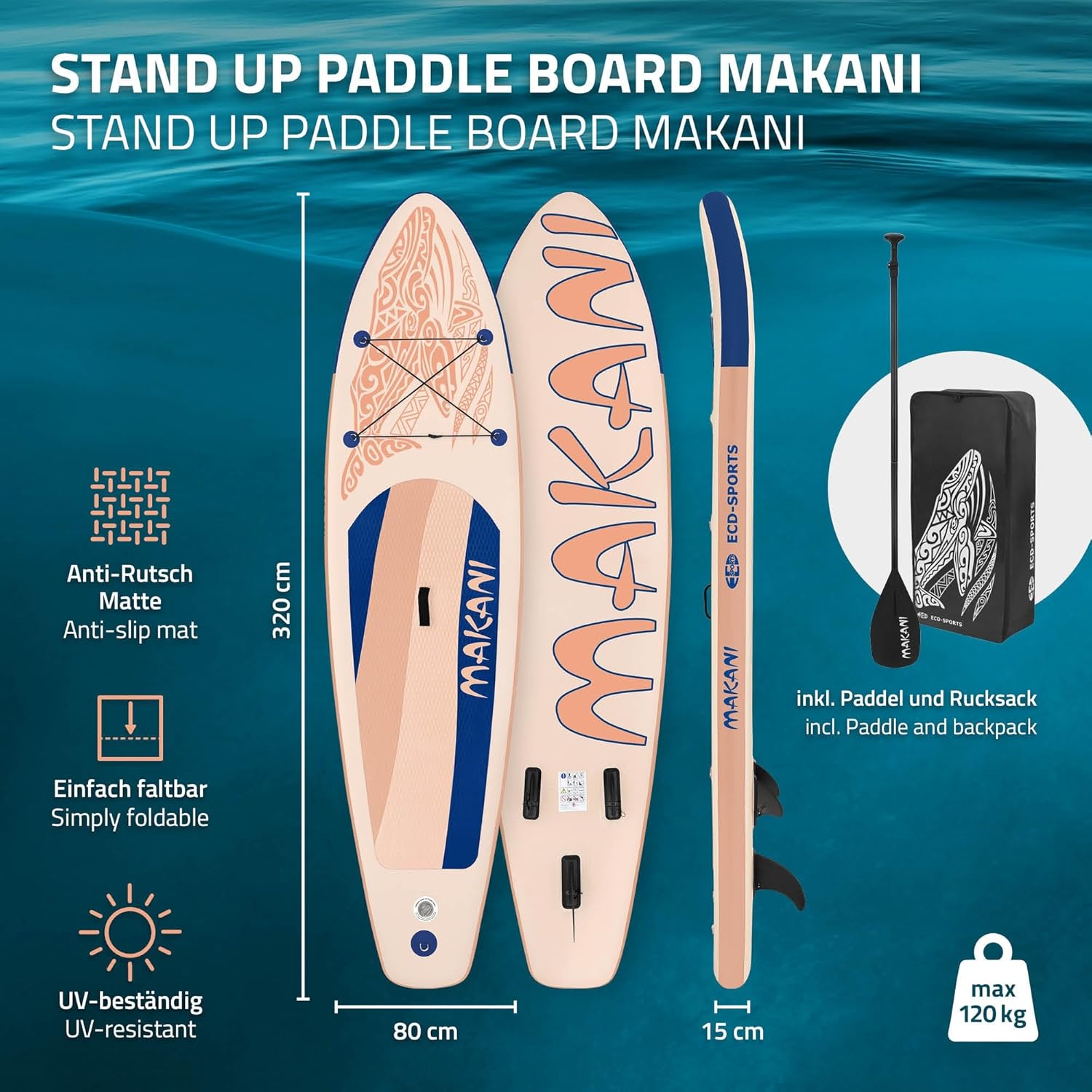 jardinito Stand Up Surf Paddle Board Gonflable 305/308/320/380 cm | PVC | jusqu'à 120/150 kg | Épaisseur 10/15 cm | Planche de Surf Pagaie Sac de Transport Pompe à Air | Diverses Couleurs Modèles