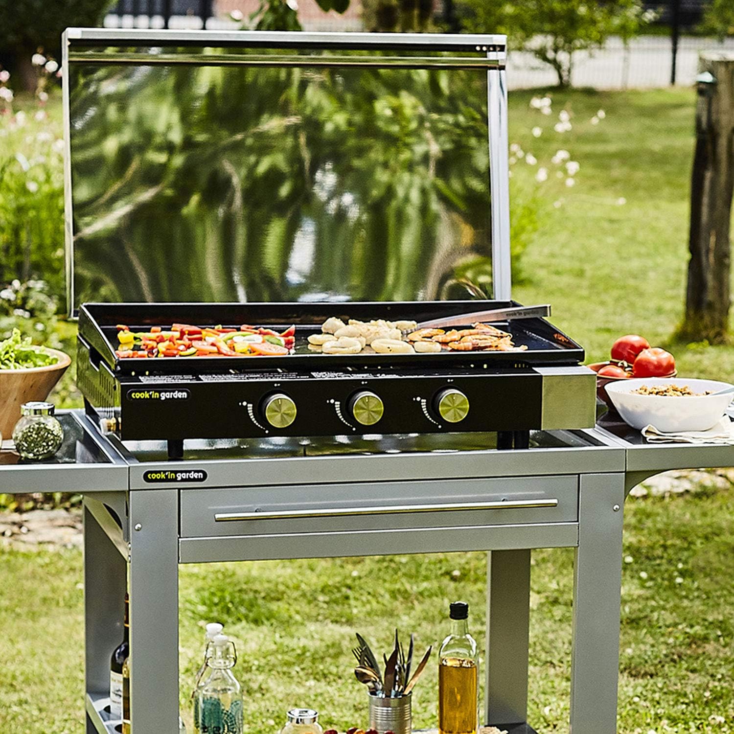 jardinito - FINESTA - plancha gaz 3 brûleurs, plaque fonte, capot, récupérateur