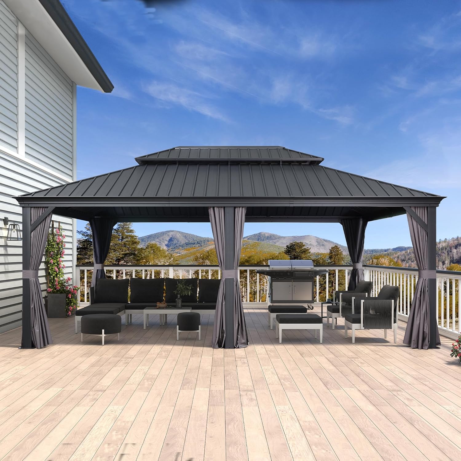 jardinito - tonnelle toit double acier, 6x4,25m, moustiquaire, rideaux