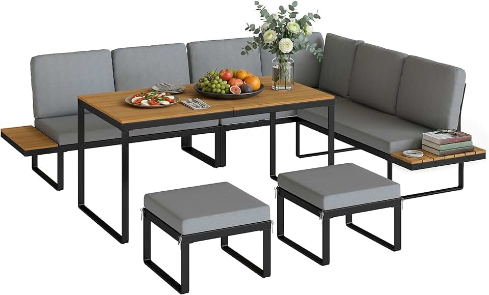 Salon de Jardin jardinito - 6-8 pers - Ensemble aluminium, table haute, canapé d'angle, table bois composite, gris - OJ-6