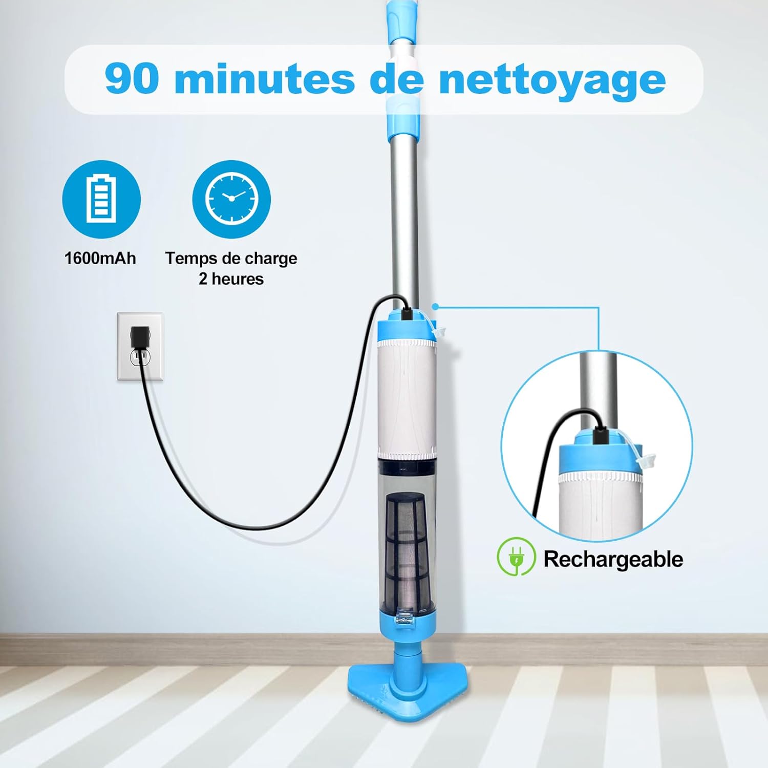 Aspirateur de piscine sans fil - autonomie 90 min - batterie rechargeable - blanc