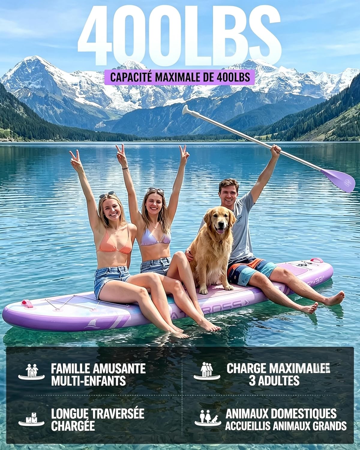 Stand up paddle gonflable adulte, 320x84cm, 2 places, charge 200kg