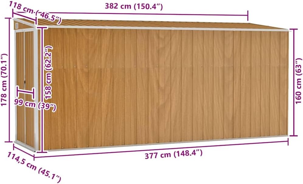 jardinito Abri de Jardin Mural Marron 118 x 382 x 178 cm Acier galvanisé,Structures extérieures, Cabanes & abris de Jardin,316232