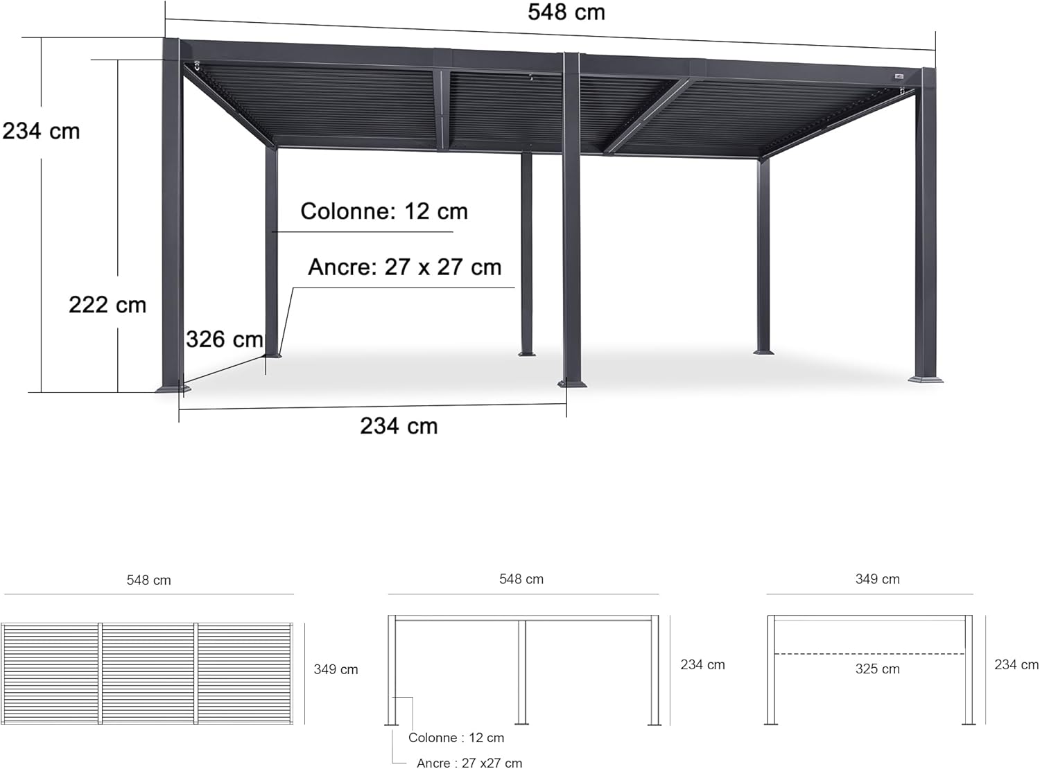jardinito - Pergola bioclimatique - 3,5x5,5m - alu, lames LED, étanche