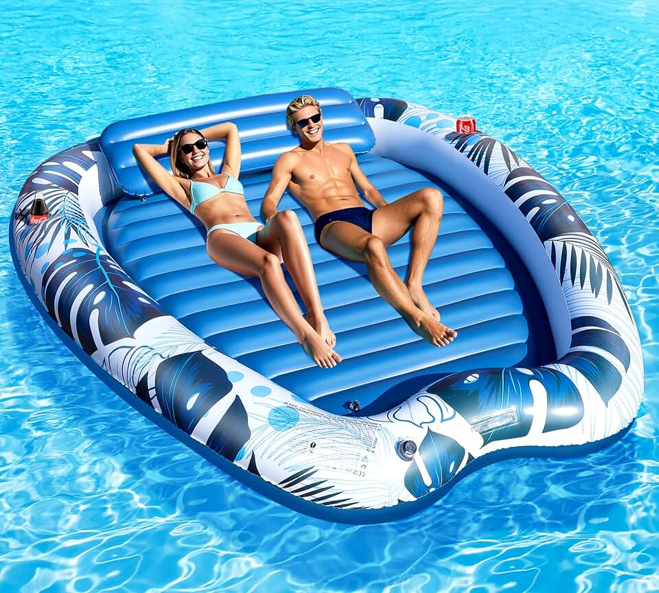 jardinito - Matelas gonflable série piscine - 230x170cm - 2 porte-boissons, appui-tête, 2 personnes