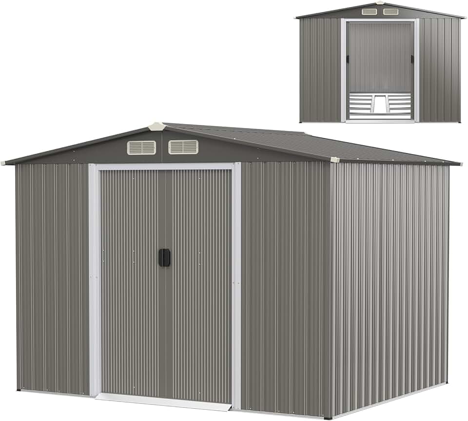 jardinito Abri de Jardin 4.7㎡en Acier Galvanisé Anti-UV, 260 x 207 x 181 CM, Cabane de Jardin Exterieur 9.7 m³ avec Fondation et Porte Coulissante, Rampe, 4 Trous d’Aération, 4 Gants Inclus, Gris Foncé