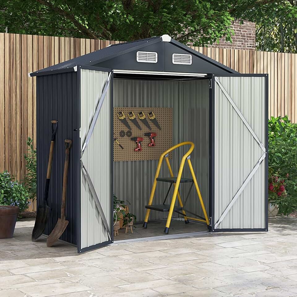 jardinito Abri de Jardin Métal Galvanisé 3,4 m³,Double Porte Verrouillable avec Clé, Cabane de Jardin Exterieur, Abri Rangement Exterieur pour Vélo, Poubelle, Outil