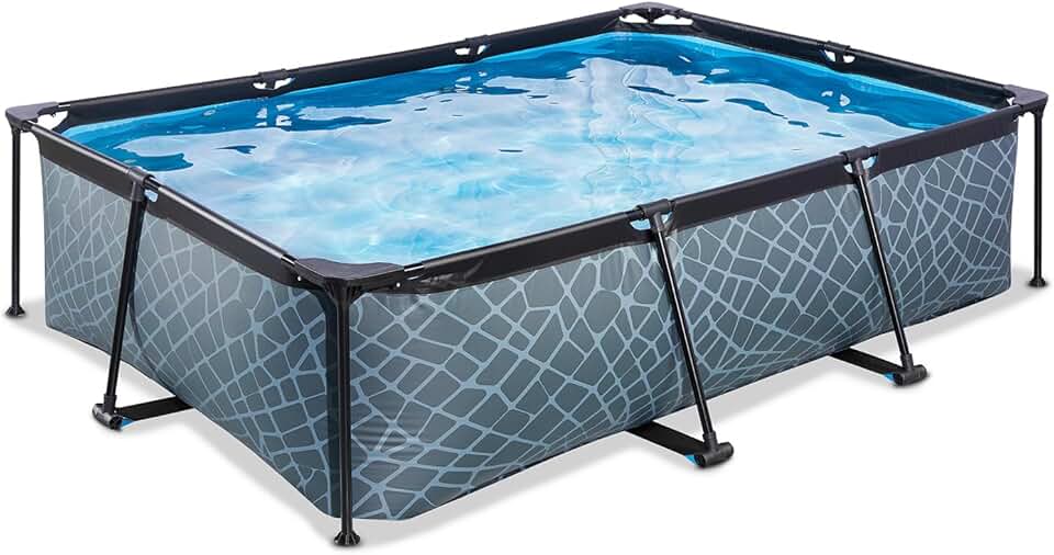 jardinito Piscine Tubulaire Stone - 220x150x65cm - Piscine Hors Sol Rectangulaire avec Pompe Filtrante à Cartouche - Entrée Basse - Idéal pour Les Jeunes Enfants - Cadre Stable - Design Unique - Gris