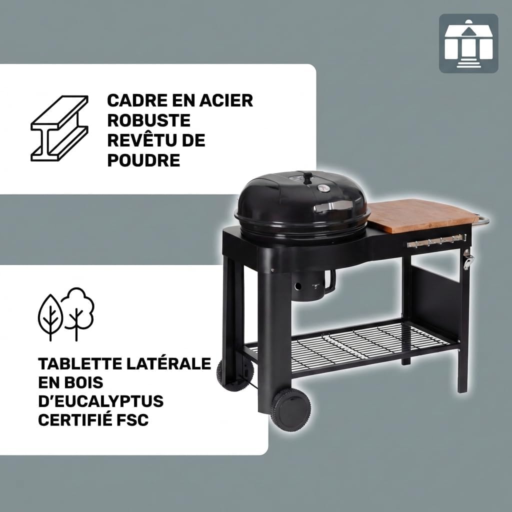 jardinito - Barbecue Calgary - acier/bois - couvercle thermomètre, tablettes, 2 roues, noir