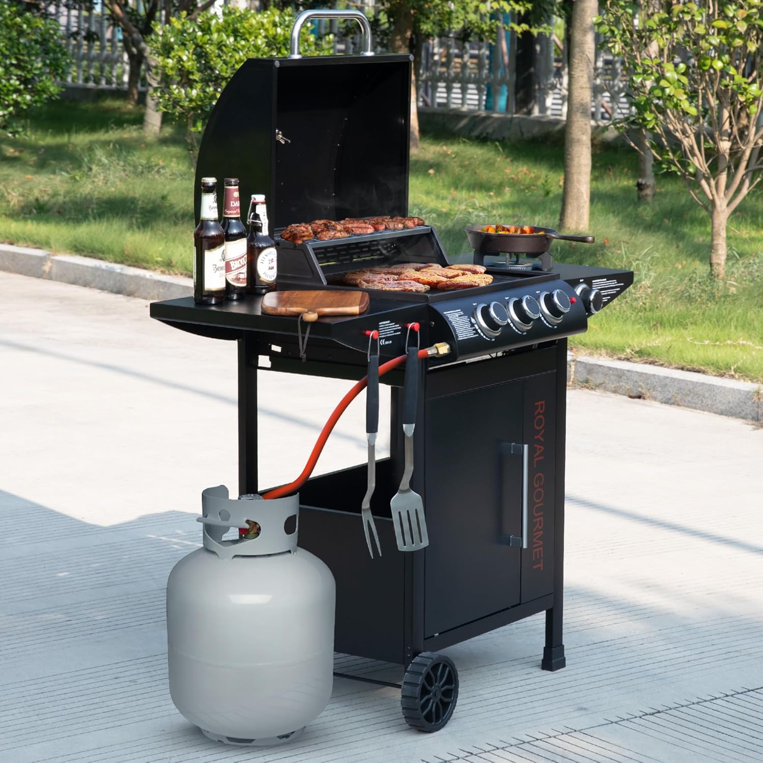 jardinito - barbecue gaz 3+1 brûleurs inox - 11,5 kW - chariot, 2 roues, thermomètre