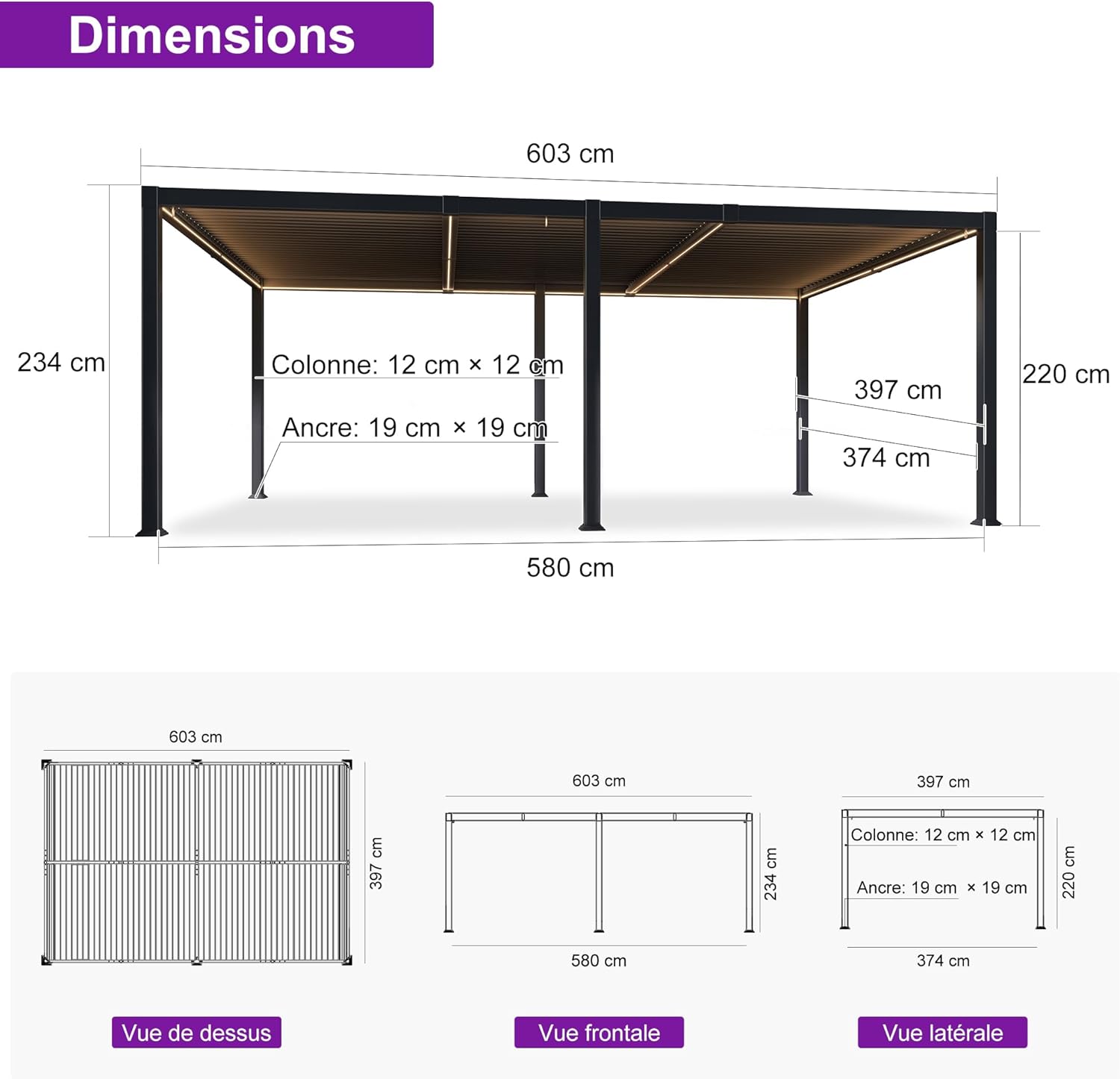 jardinito - Pergola bioclimatique - 4x6m - alu lames LED gris