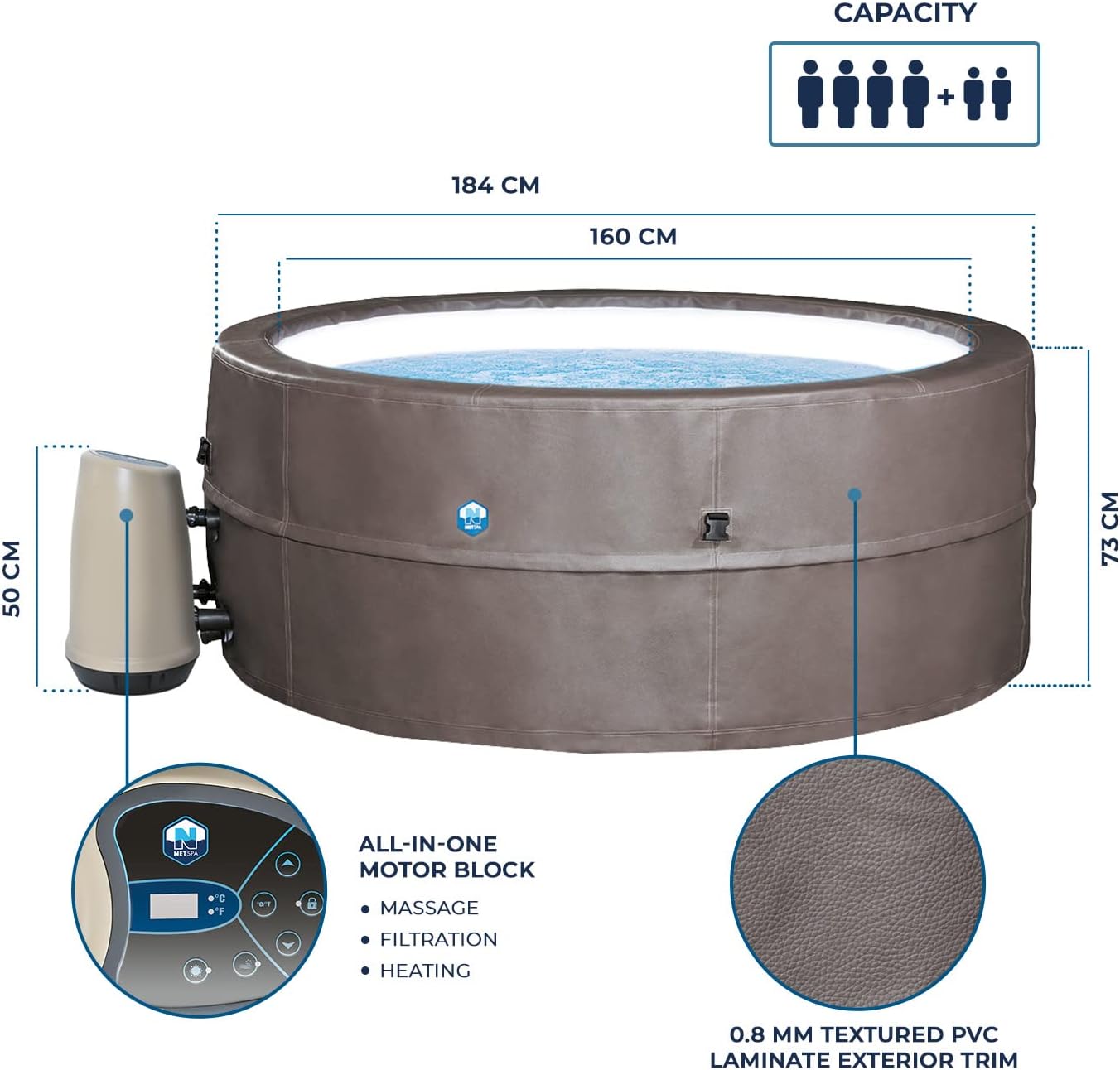 jardinito - Spa - Vita Premium - SP-VIP160C - Gonflable - 6 Places (4 Adultes + 2 Enfants) - Bache De Protection - Réchauffeur - 1100 L - Couverture Simili-Cuir Premium