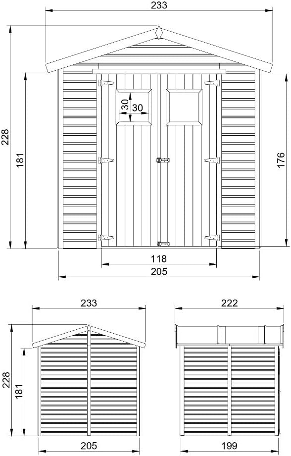 Abri de Jardin en Bois Naturel - Stockage extérieur avec fenêtres H228x222x233 cm/4,2 m² Hangar en Bois Naturel - Atelier Rangement Outils et vélos- jardinito M351