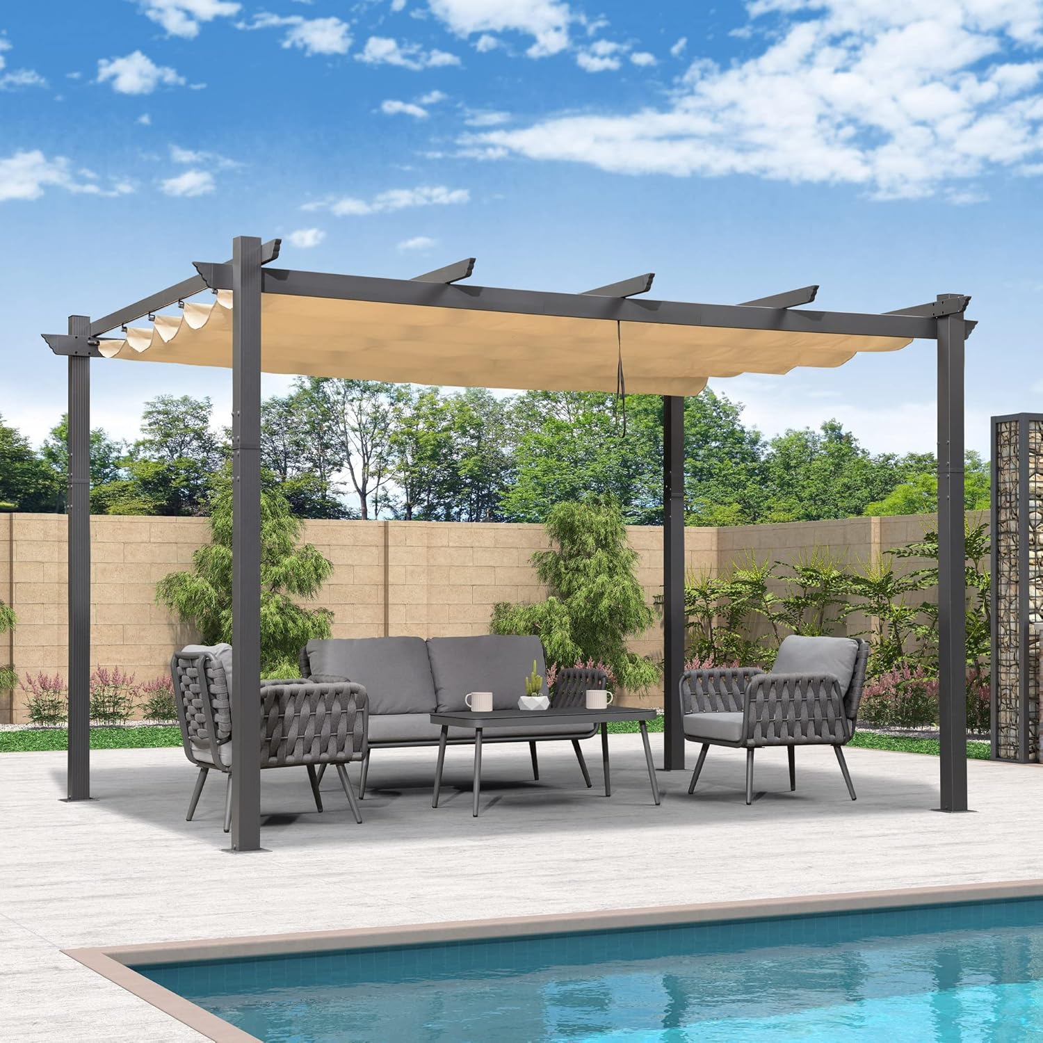jardinito - pergola aluminium série - 4x3,2m - toile teintée, toit coulissant, kaki