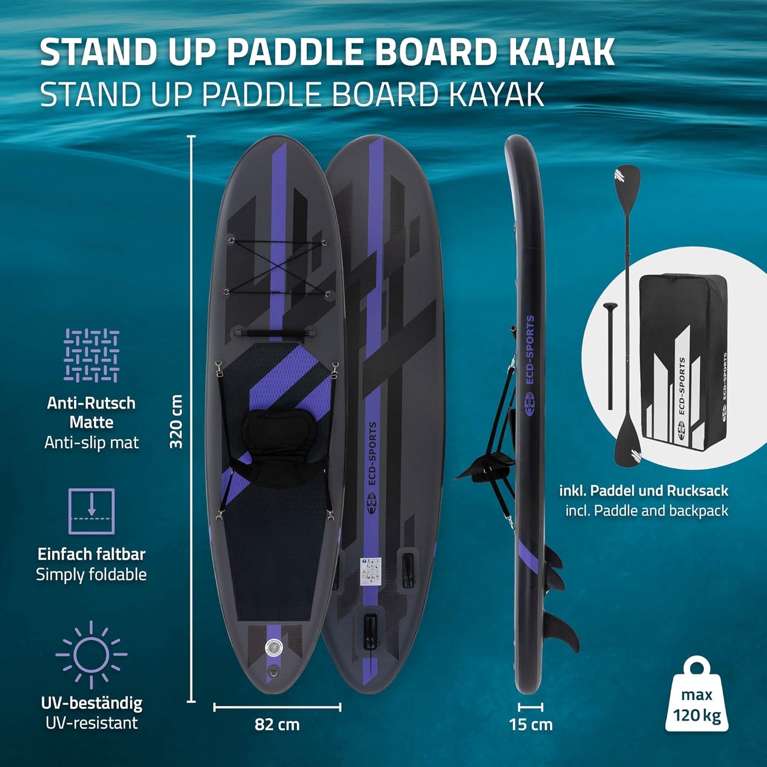 jardinito - Stand Up Paddle Gonflable - 305/308/320/380 cm - PVC, 120/150 kg, 10/15 cm