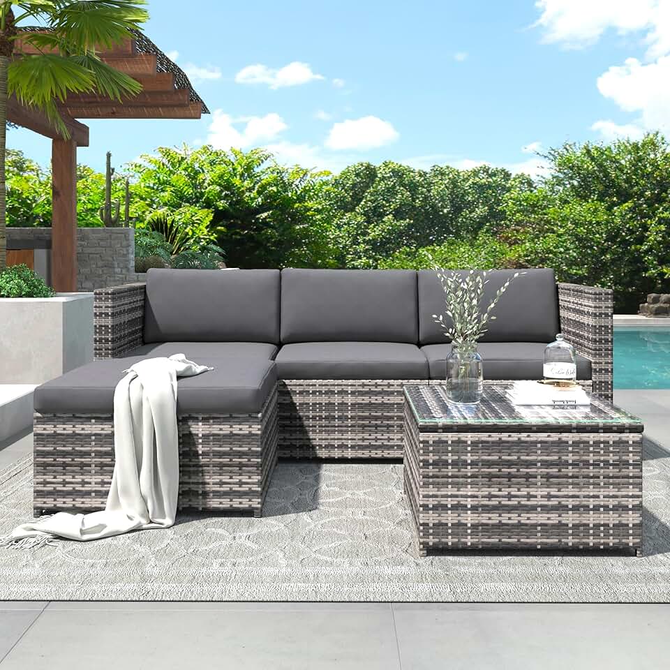 jardinito - Salon de jardin 3 places  - rotin, coussins, table verre, gris