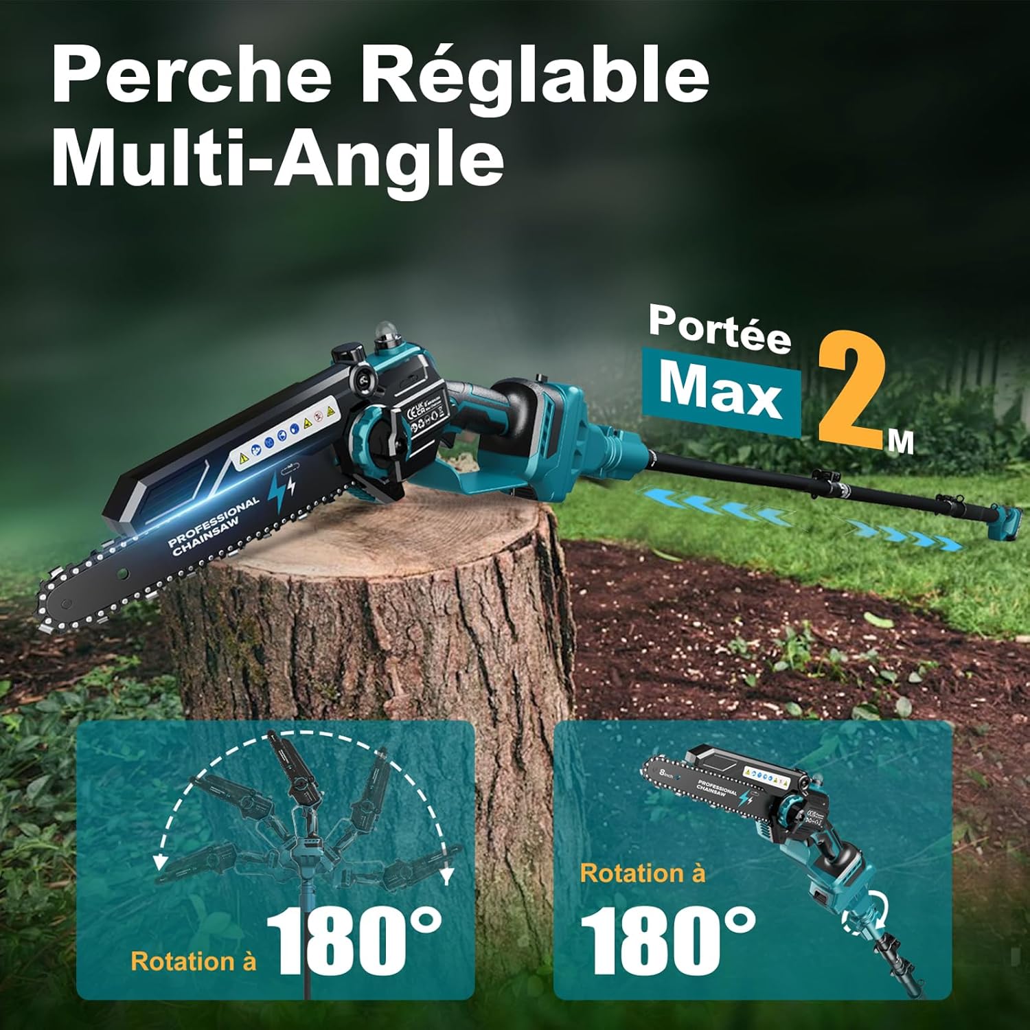 2-en-1 8 Pouces Tronçonneuse Télescopique & Mini Tronçonneuse, Tondeuse Electrique Sans Balais avec 2 Batteries de 4000 mAh, Moteur Brushless, Extension jusqu'à 4.5M