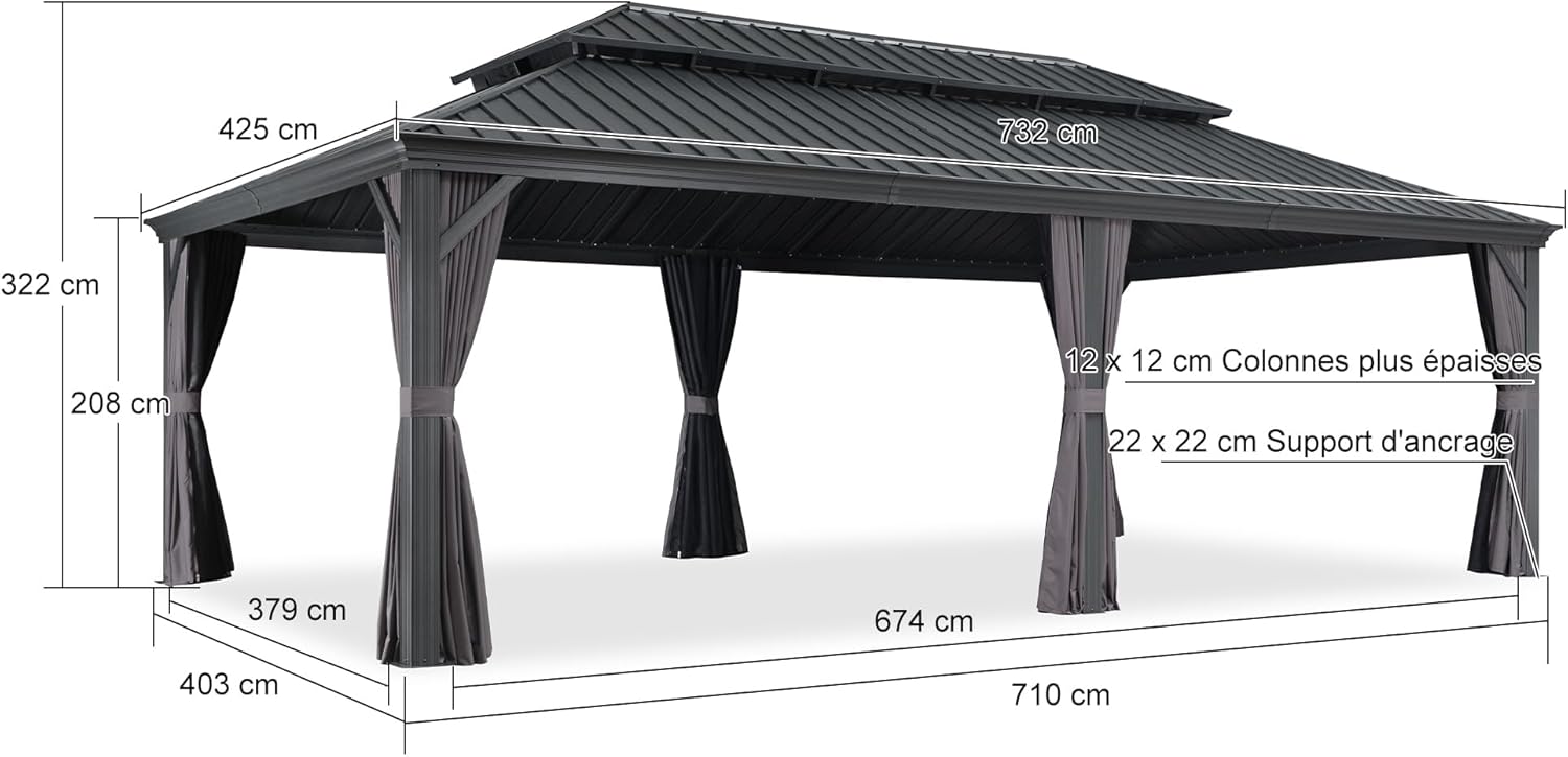 jardinito - Pergola série extérieure - 7.32x4.25m - alu, éclairage, moustiquaire, rideaux, gouttière, poteaux renforcé