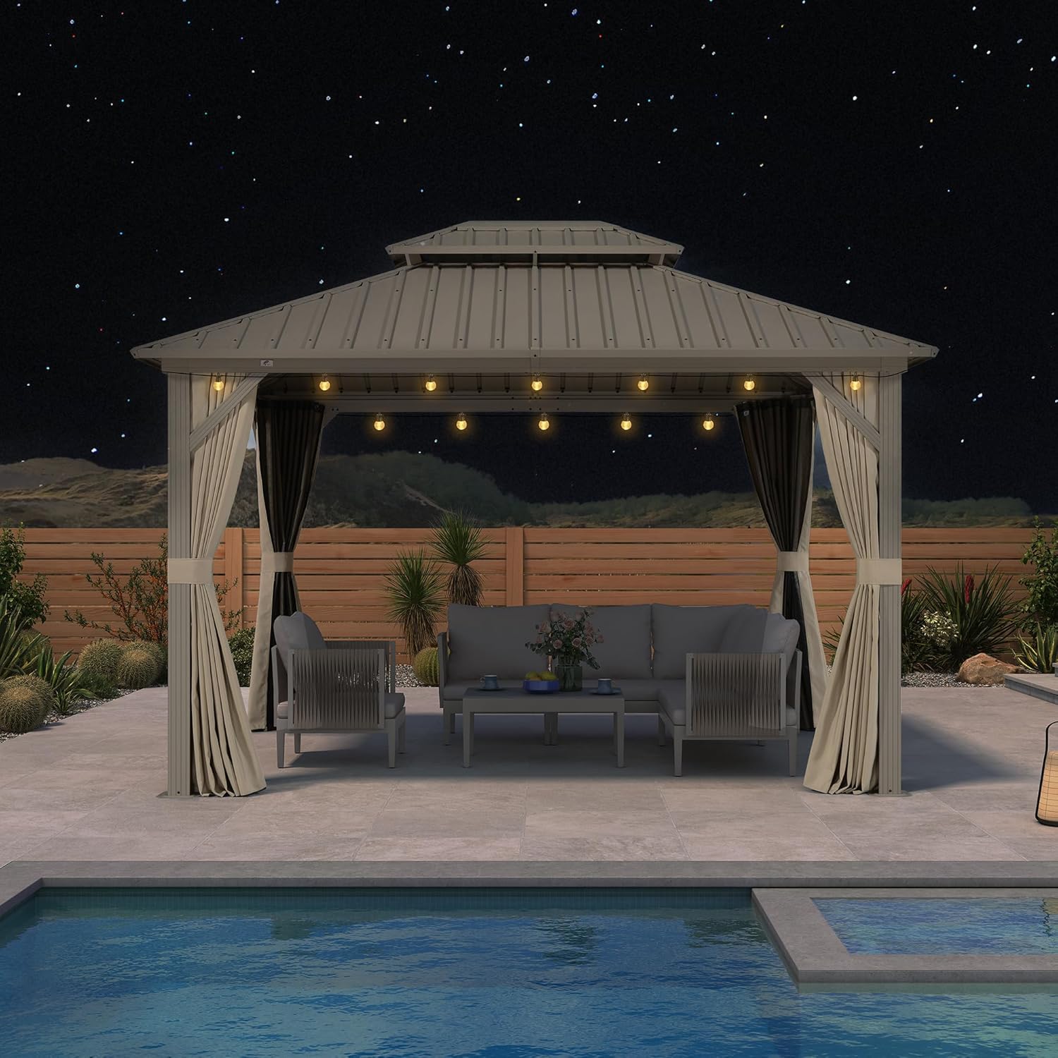 jardinito Tonnelle de Jardin Extérieur 3,65 x 3 m avec Éclairage Extérieur, Pergola Aluminium à Toit Rigide en Acier Galvanisé, Pavillon Imperméable pour Camping, Fête, Barbecue, Champagne