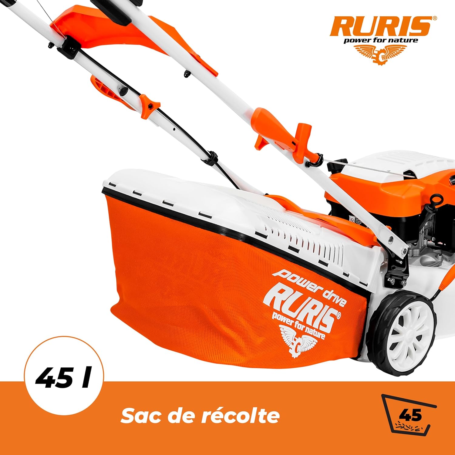 RURIS Tondeuse à Gazon Thermique RX221S, 3,5 CV, 42 cm, Sac 45L, 3 en 1: Collecte, Éjection Arrière, Mulching, Châssis Acier, Hauteur de Coupe 25-75 mm, Orange
