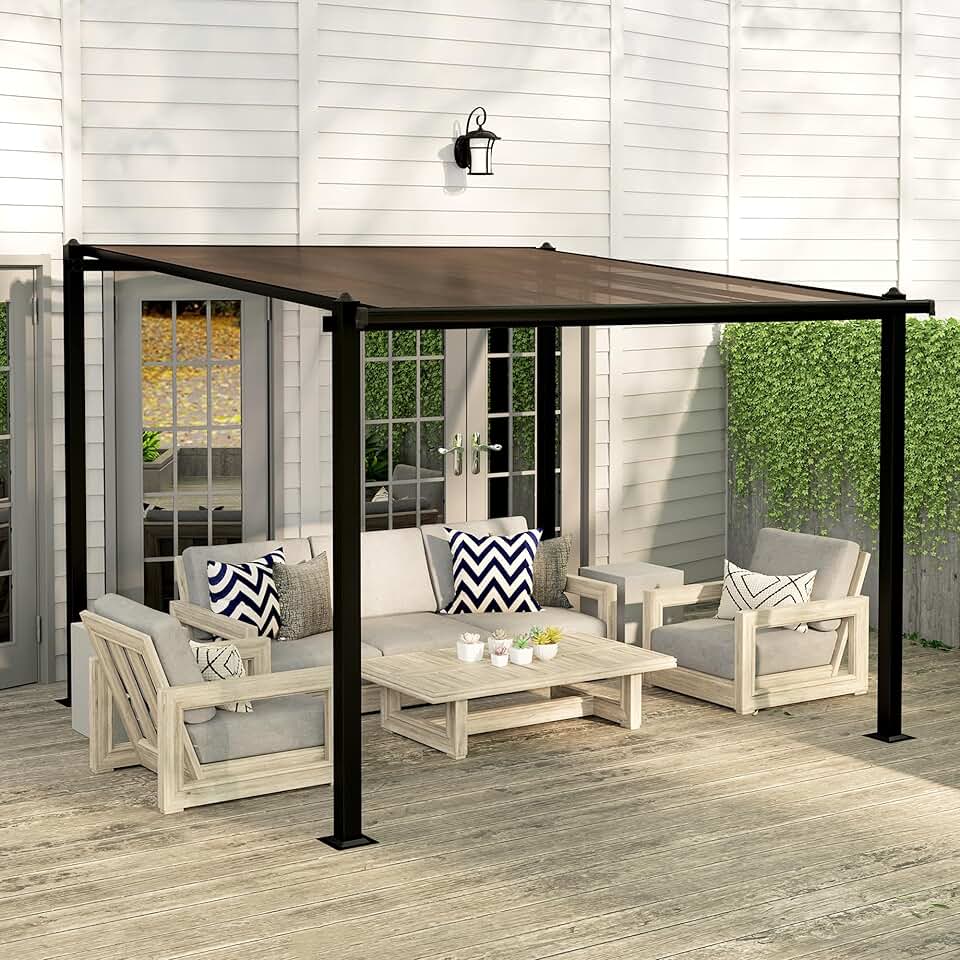 jardinito - Pergola adossée aluminium - 3x3m - toit polycarbonate, drainage, UPF30+, gris
