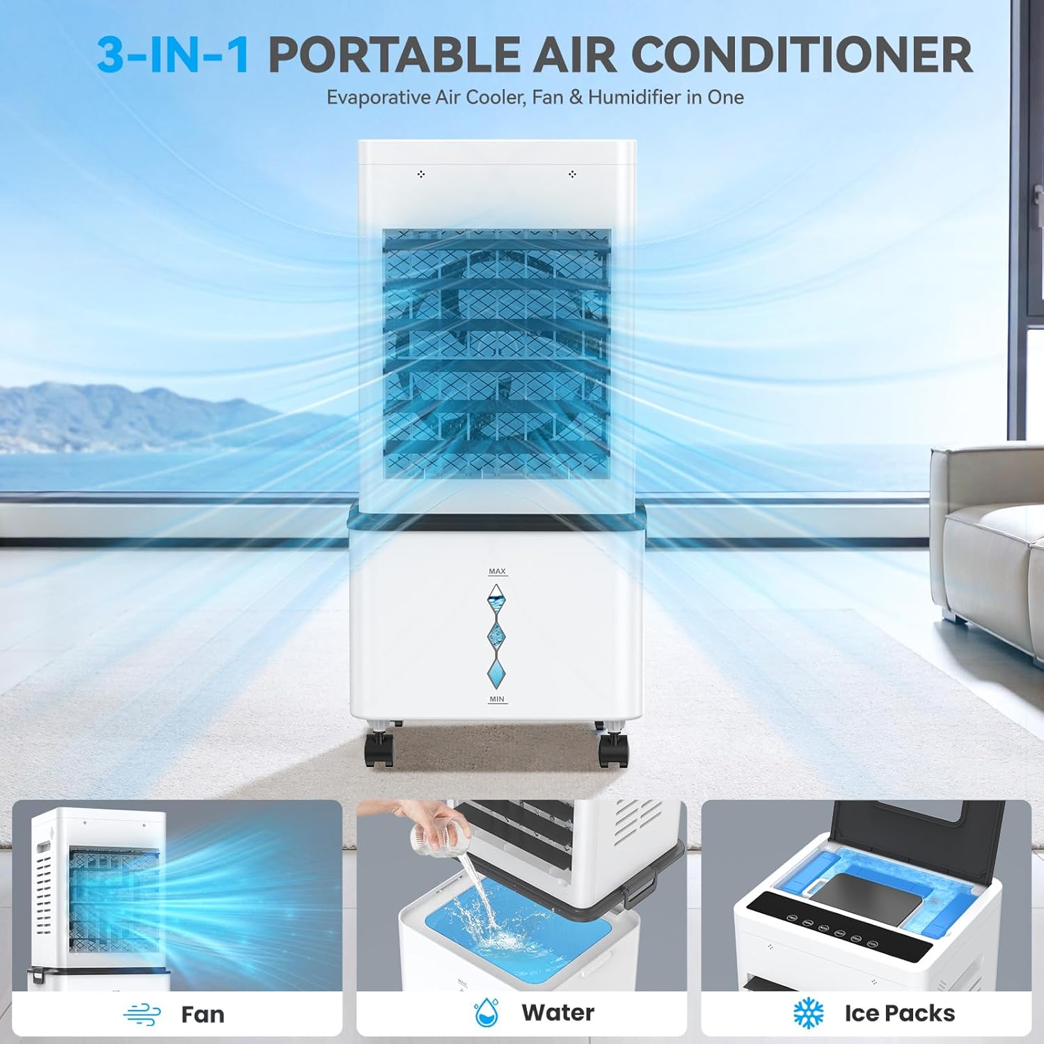 Climatiseur mobile - 12L, 6 vitesses, 3 modes, minuterie 24h, télécommande, 40 dB, portable