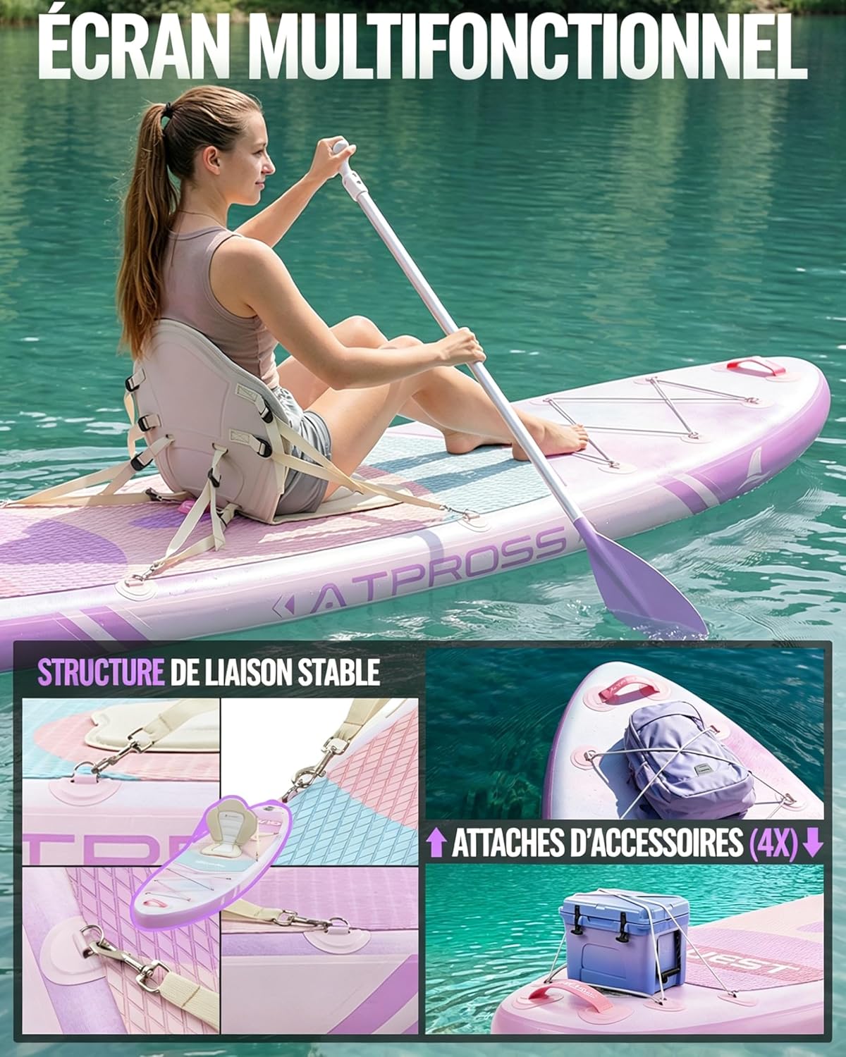 Stand Up Paddle Gonflable Adulte avec Siège Kayak & Accessoires, 320x84cm Planche de Sup Extra Large pour 2 Personnes, Charge 200kg, Kayak Gonflable 2 Places Stable et Antidérapant pour Surf