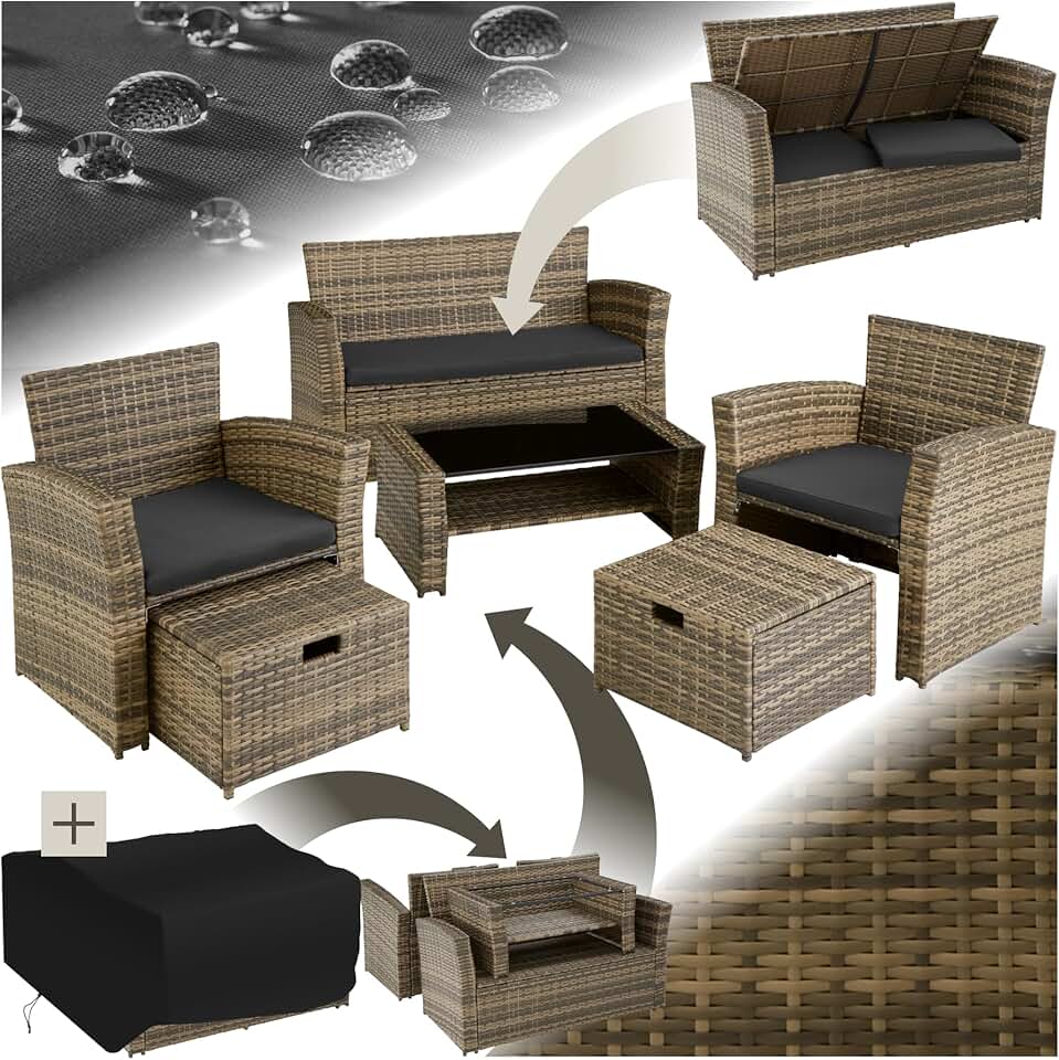 jardinito - Ensemble salon de jardin 6 places - poly rotin, coussins épais, table basse, marron naturel