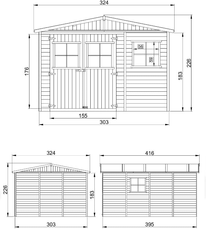 ABRI de Jardin en Bois Exterieur avec Les PLANCHERS IMPRÉGNÉ - en Pin/épicéa- H226x324x416 cm/12 m²- Construction de Panneaux- Rangement pour vélos, Remise à Outils- jardinito M336+M336G