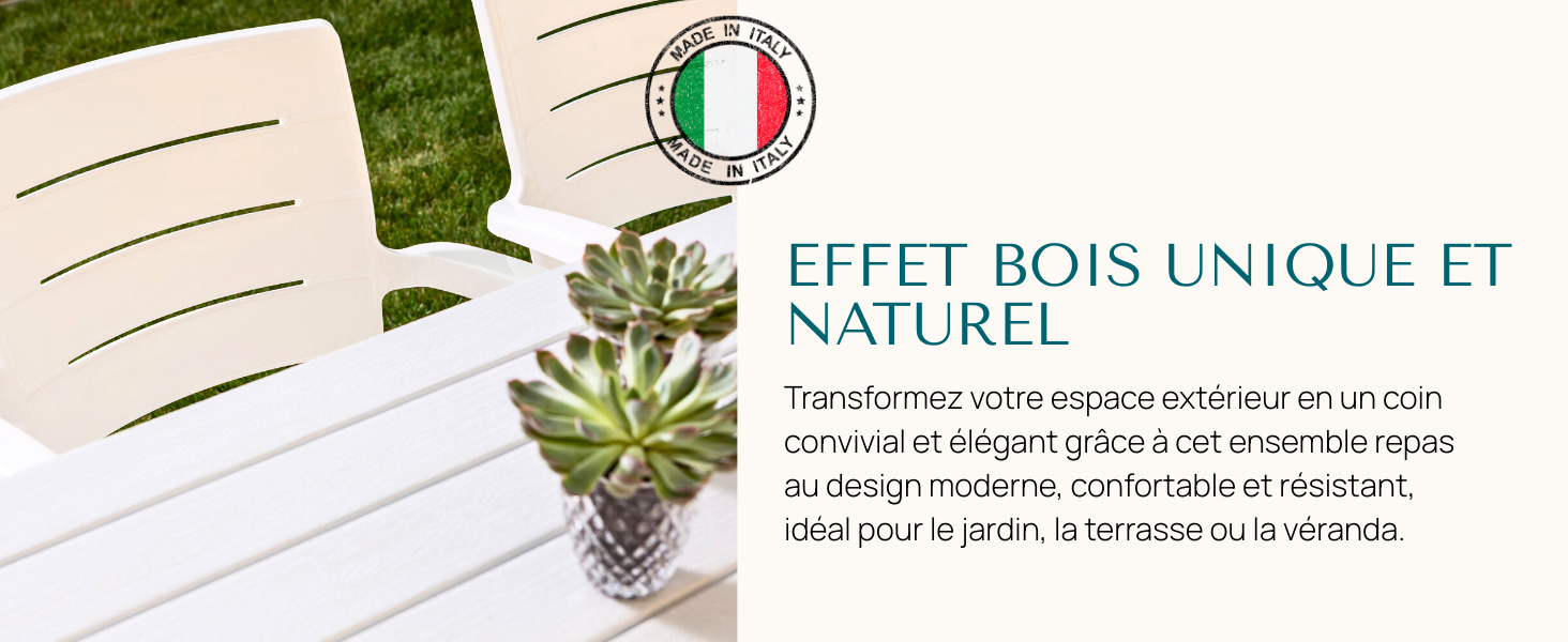 Le texte se lit comme suit : « EFFET BOIS UNIQUE ET NATUREL ». Document ou papier avec des lignes manuscrites et une icône du drapeau italien visible.