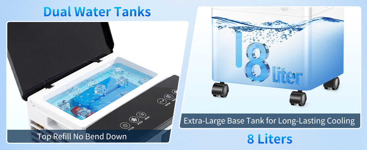 Le texte indique « Réservoirs d'eau doubles » et « 8 litres » et « Réservoir de base extra large pour un refroidissement durable ». Schéma technique montrant le système de réservoir d'eau avec visualisation de l'eau bleue.